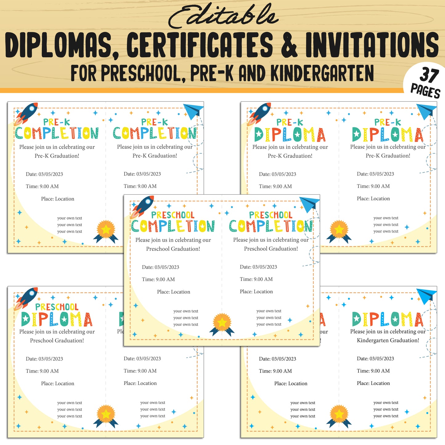 Fun and Editable Preschool, Pre-K, and Kindergarten Diplomas, Certificates, and Invitations – 37 Customizable PDF Pages, Instant Download