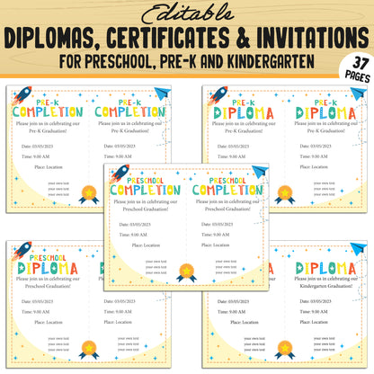 Fun and Editable Preschool, Pre-K, and Kindergarten Diplomas, Certificates, and Invitations – 37 Customizable PDF Pages, Instant Download