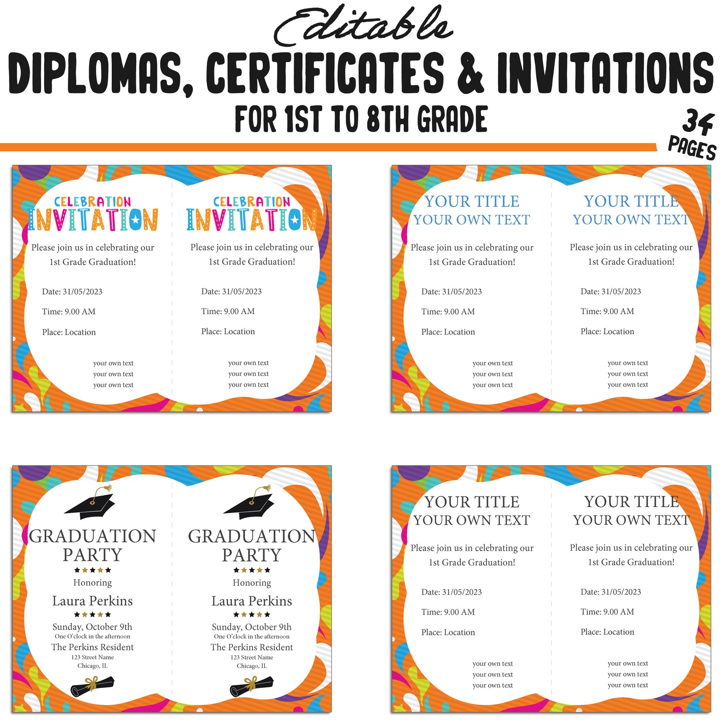 34 Editable 1st-8th Grade Certificates, Diplomas, and Invitation Templates, Orange-Themed, PDF Instant Download