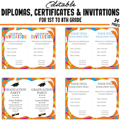 34 Editable 1st-8th Grade Certificates, Diplomas, and Invitation Templates, Orange-Themed, PDF Instant Download