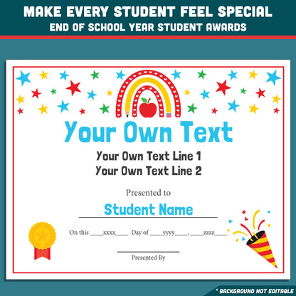 Editable Student Recognition Awards, Classroom Certificates, 26 Options, Printable Student Honors, Quick Personalization, Low Prep Teaching Tool