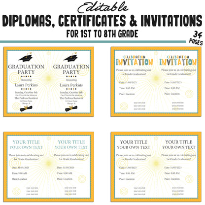 34 Editable First Grade Diplomas, 1st-8th Grade Certificates, Diplomas & Invitation Templates, Golden and Green-Themed, PDF