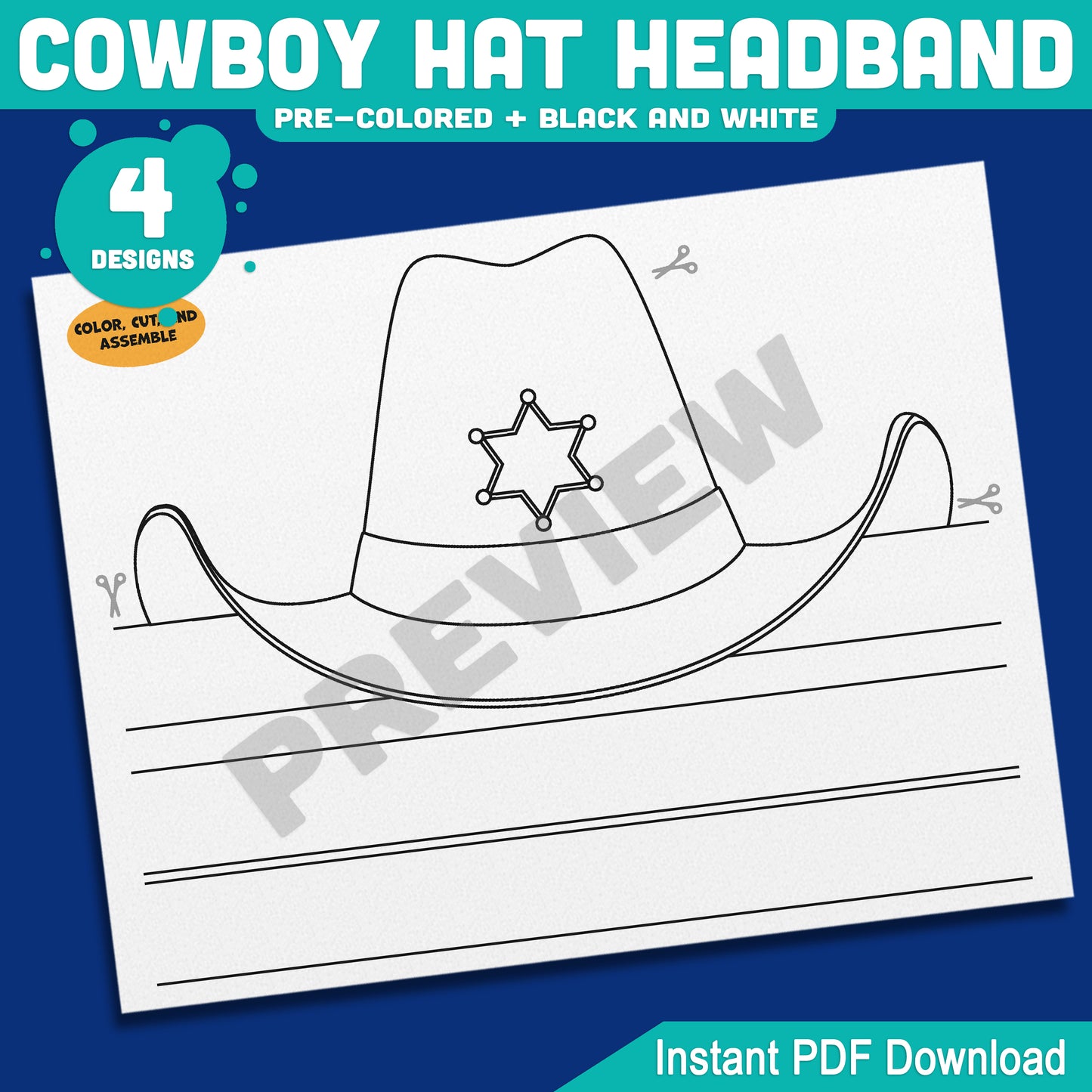 Cowboy Hat Headband Craft, Wild West Paper Crown Template, Wearable Cowgirl & Cowboy Coloring Activity, Summer Fun Printable