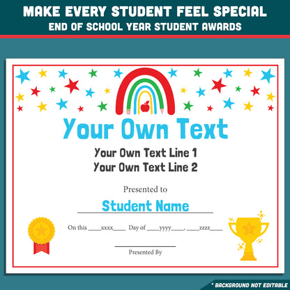 Student Awards Certificates, Printable Classroom Recognition Pack, 26 Editable Designs, Achievement Honors, Simple Editing, Teacher Friendly Resource
