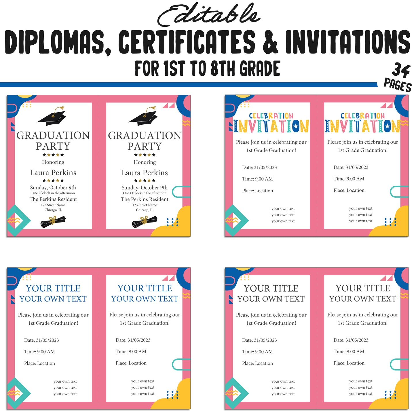 Personalized 1st, Second-8th Grade Achievement Certificates, Diplomas & Invitation Templates in a Flat Modern Theme - PDF Instant Download