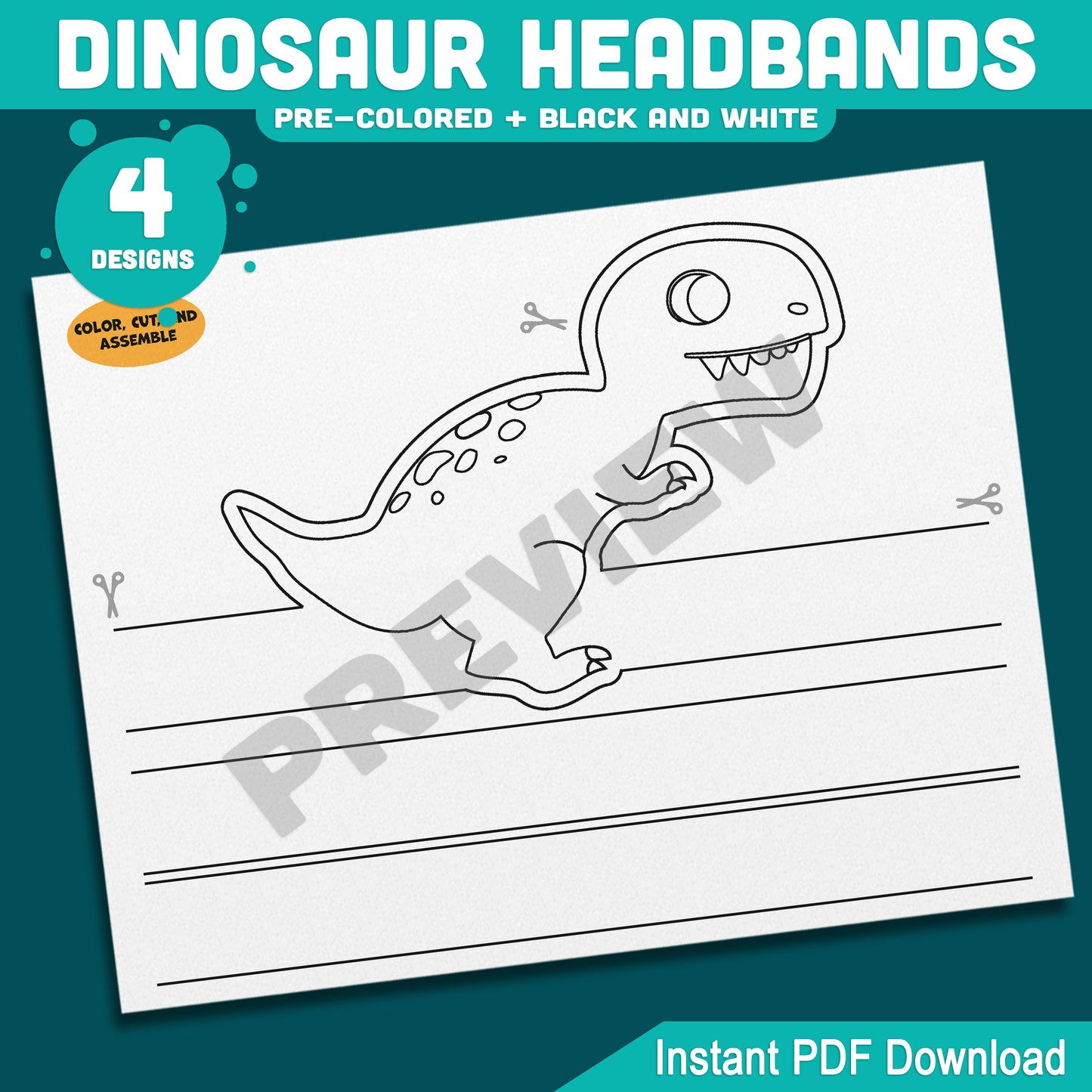 Printable Dinosaur Headbands, Paper Crowns, Color Your Own Hats, Dinosaur Craft Activity, Pre-Colored, Black & White, US Letter, A4