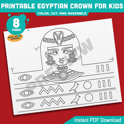 Printable Egyptian Crown for Kids, Pharaoh Cleopatra Sphinx Anubis Paper Hat and Headband Crafts, Fun Color Cut & Wear Activity, 5 Designs, PDF