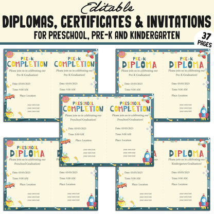 Kindergarten Certificates End of the Year, Preschool, Pre K, Diplomas & Invitations, 37 Customizable PDF Pages, Instant Download