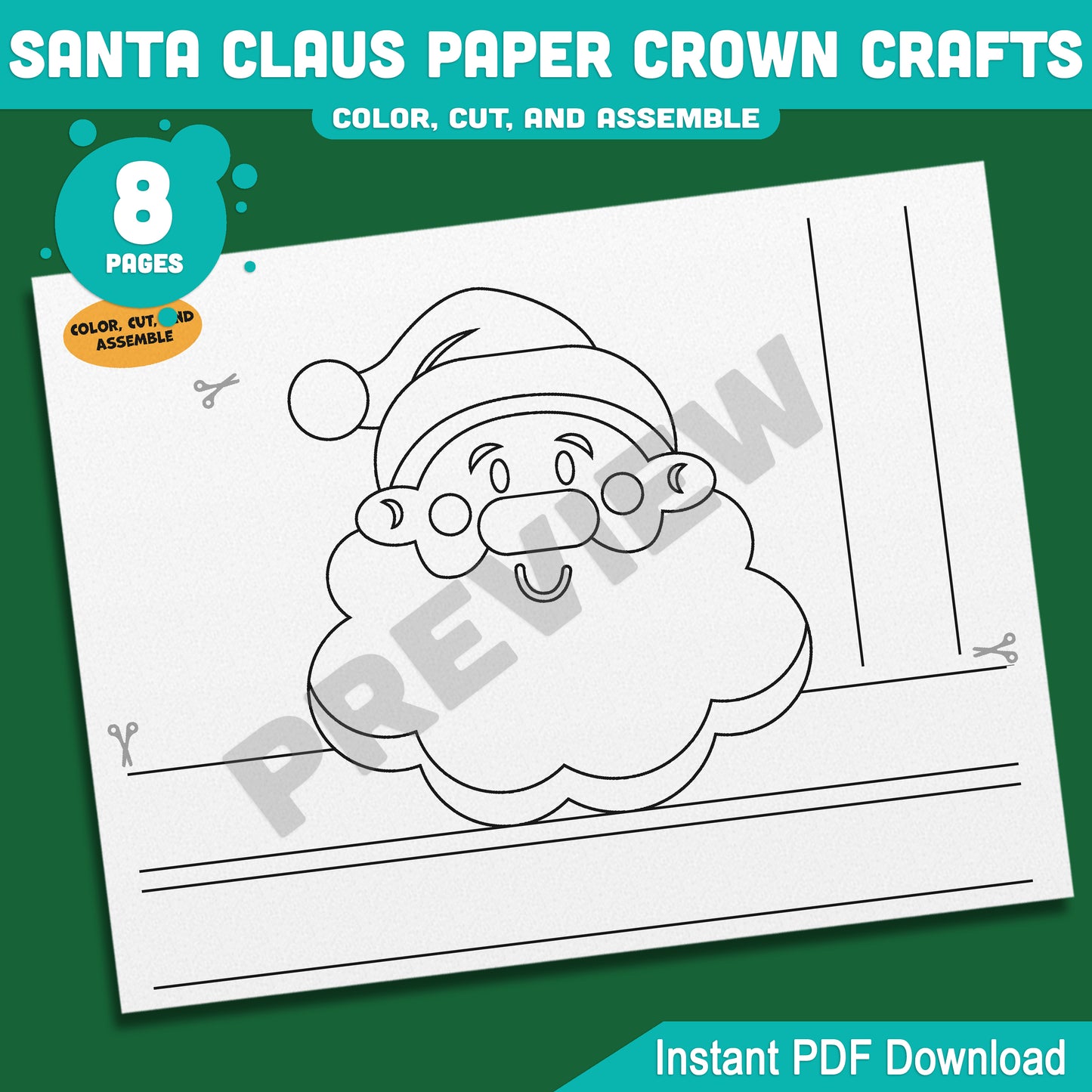 Printable Santa Claus Paper Crown Crafts, Christmas Coloring Headband and Hat Activity, Cut, Color & Wear, Perfect for Winter Party Fun, 4 Designs, Pre-color + Black & White, Instant PDF Download