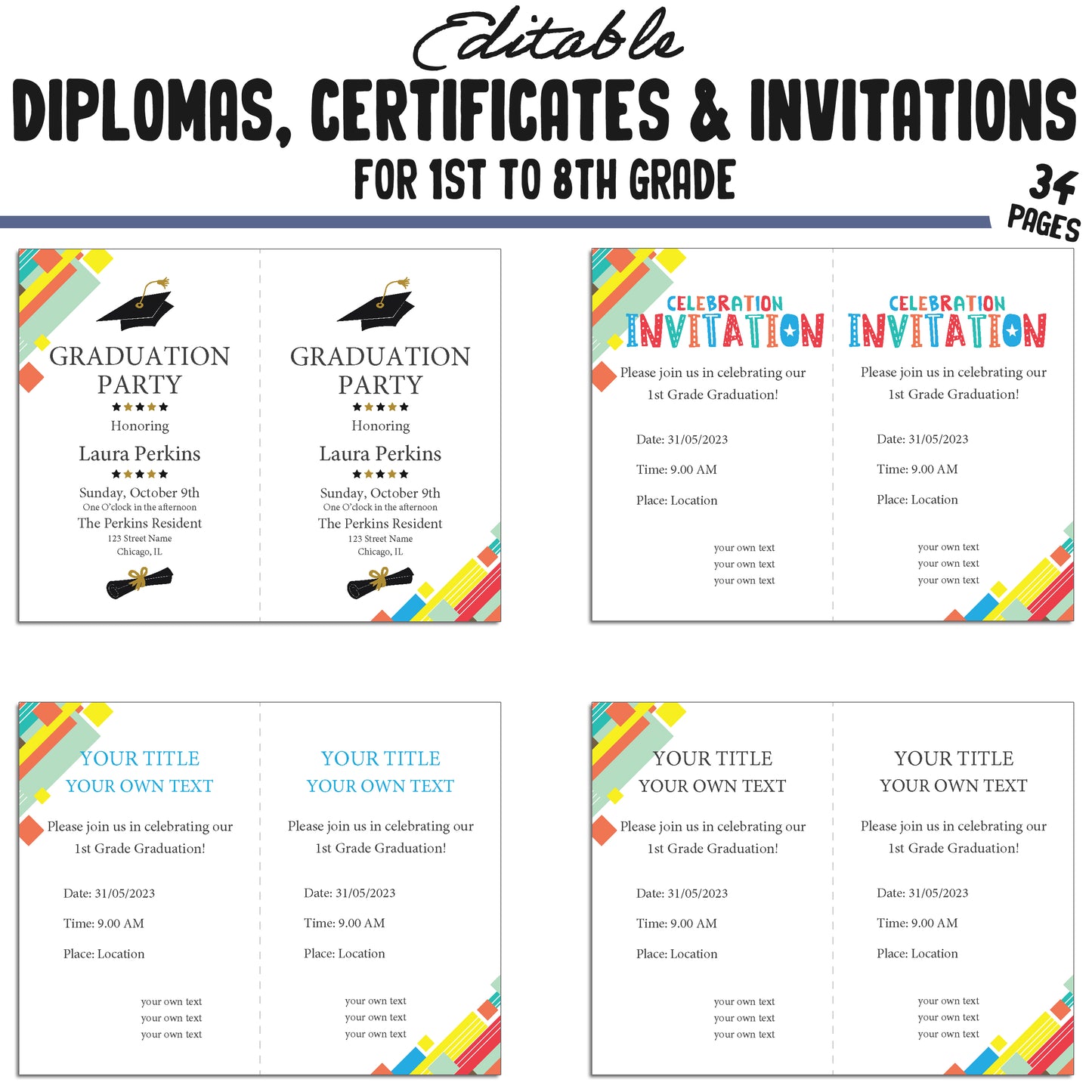 Editable Diplomas for 5th Grade, Certificates for 1st-8th Grade & Invitation Templates in a Abstract Theme - 34 Pages, PDF Instant Download