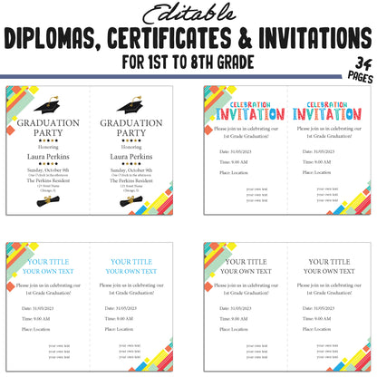 Editable Diplomas for 5th Grade, Certificates for 1st-8th Grade & Invitation Templates in a Abstract Theme - 34 Pages, PDF Instant Download