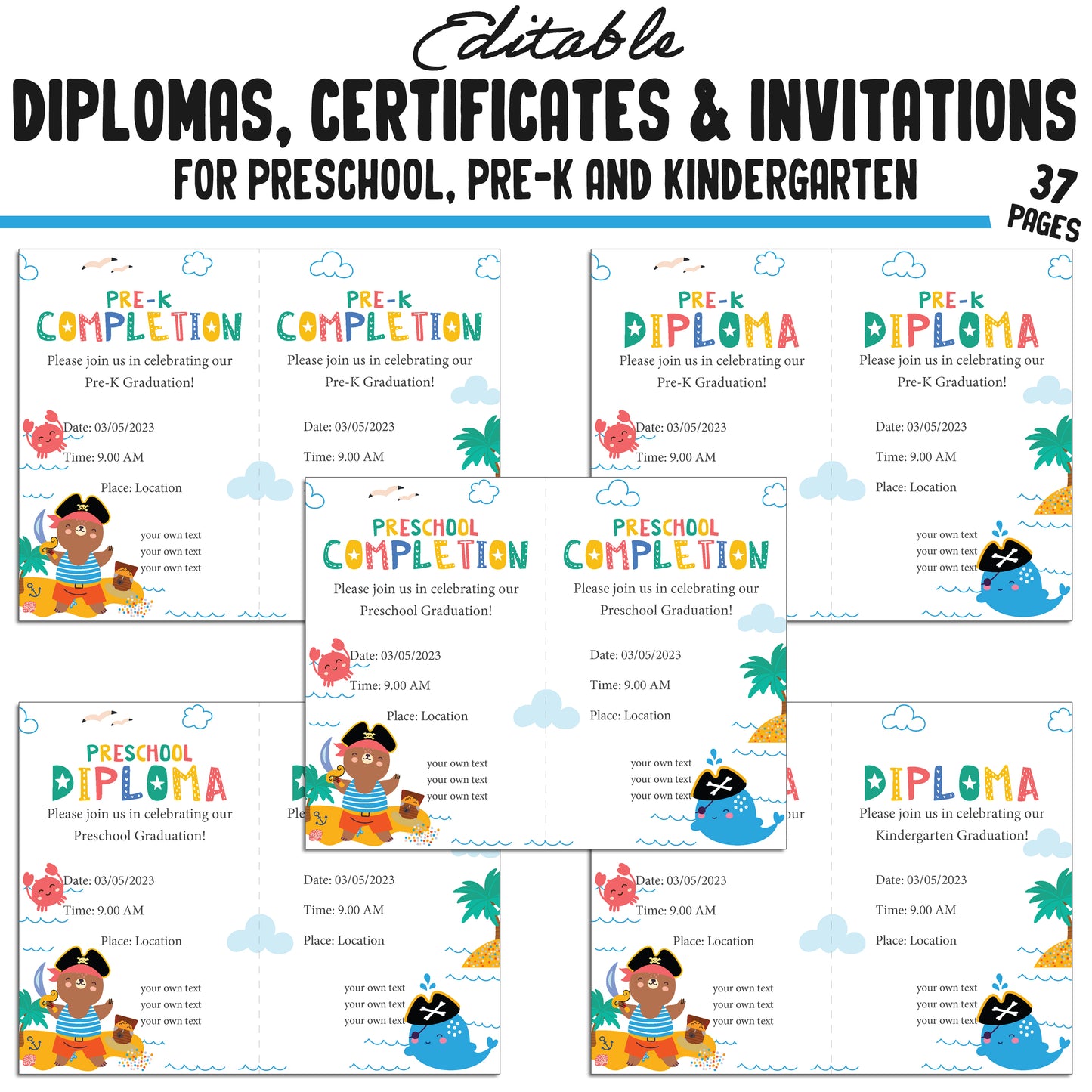 Printable / Editable Kindergarten, Pre-K, Preschool Completion Certificates, Diplomas & Invitations, PDF Files, Instant Download