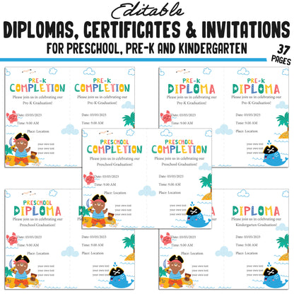 Printable / Editable Kindergarten, Pre-K, Preschool Completion Certificates, Diplomas & Invitations, PDF Files, Instant Download