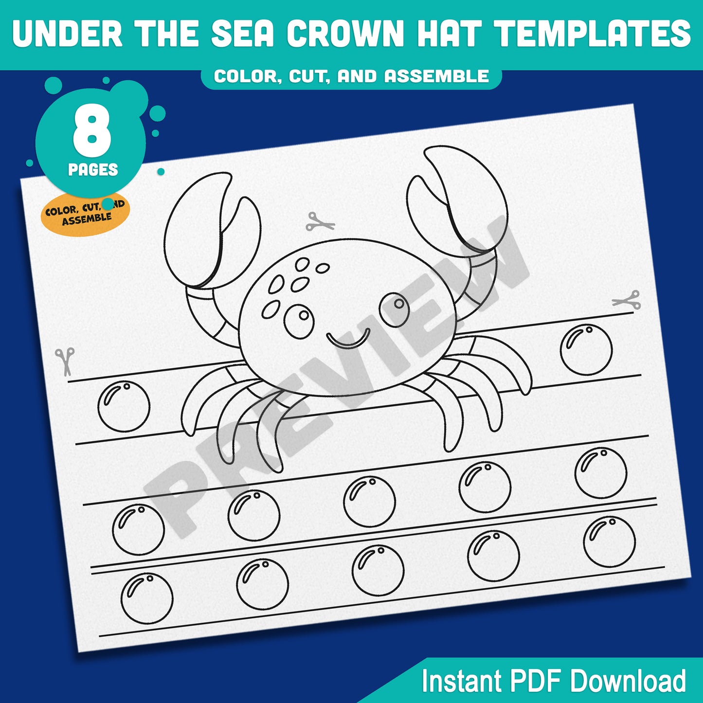 Under the Sea Crown Templates – 8 Fun Printable Headbands in Pre-Colored + Black & White for Preschool and Kids’ Ocean Crafts, PDF Download