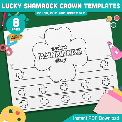 Lucky Shamrock Crown Templates – St. Patrick’s Day Wearable Craft, Shamrock Paper Crowns, Leprechaun School Headband, Play Party Hat, Pre-color + Black & White