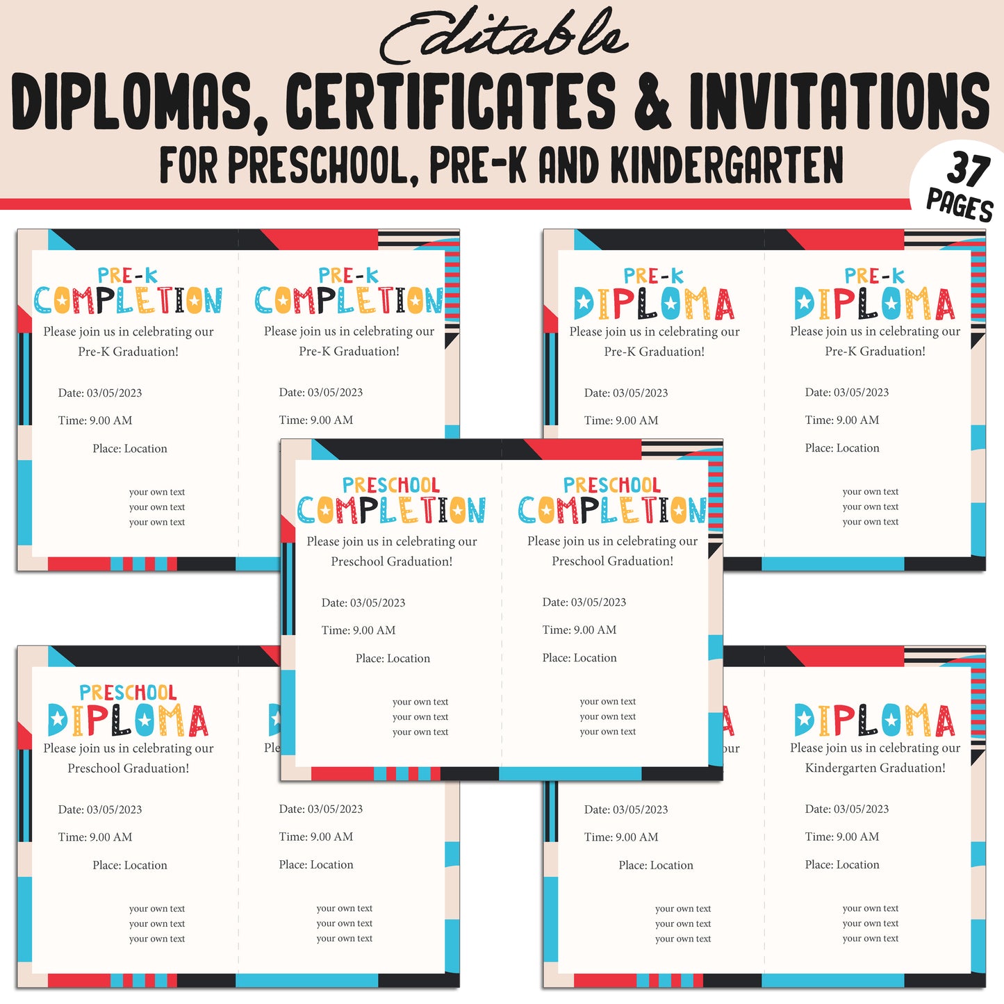 Editable End of the Year Certificates, Diplomas & Invitations for Kindergarten, PreK, Preschool, 37 Customizable PDF Pages, Instant Download