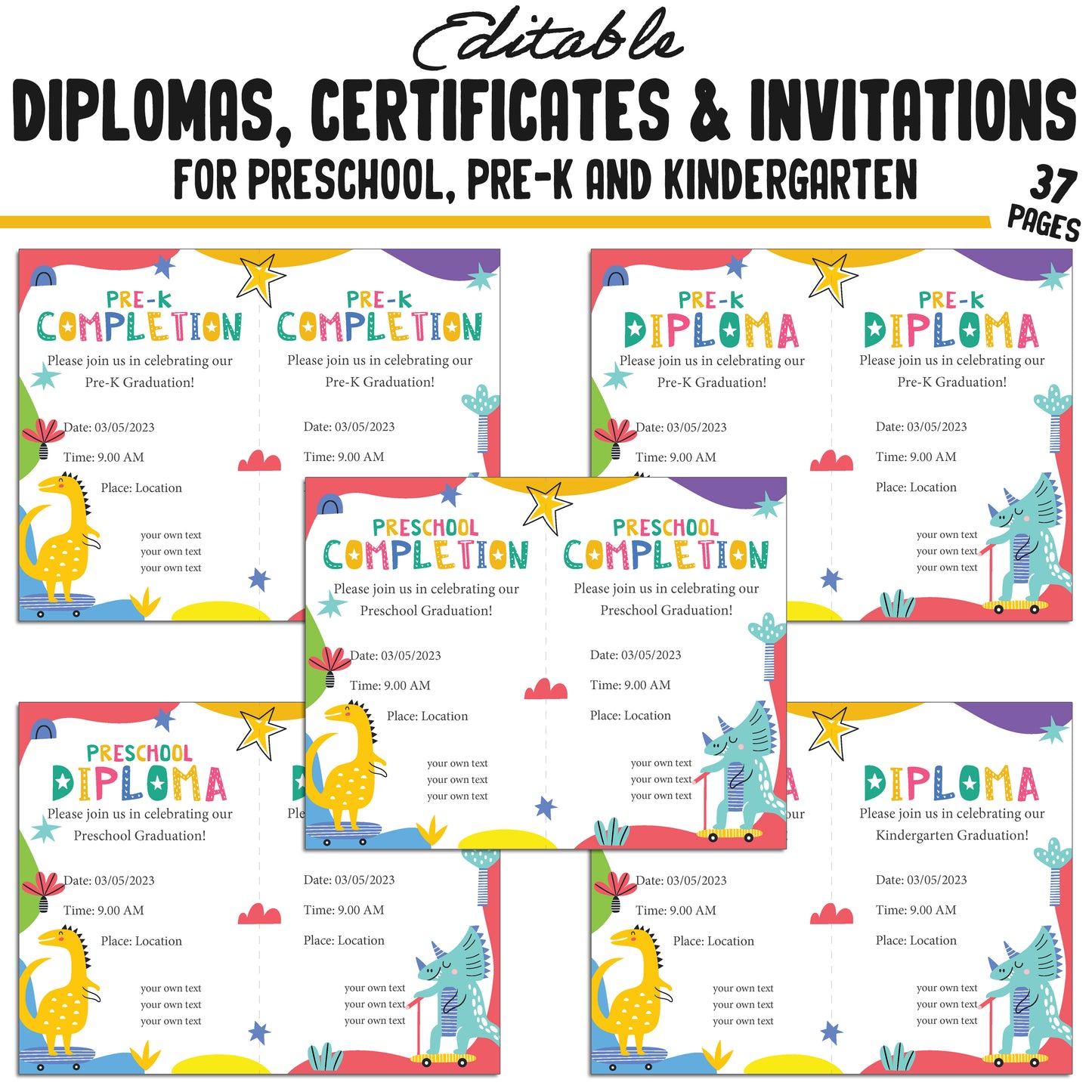 37 Editable Kindergarten, Pre-K, and Preschool Completion Certificate Diplomas, and Invitations Templates, PDF Files, Instant Download