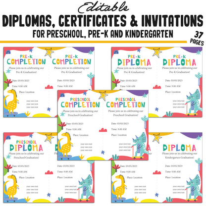 37 Editable Kindergarten, Pre-K, and Preschool Completion Certificate Diplomas, and Invitations Templates, PDF Files, Instant Download