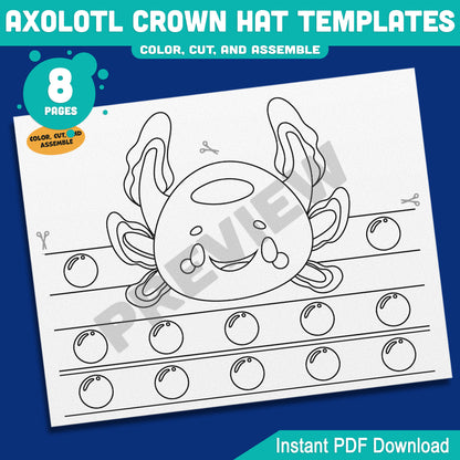 Axolotl Crown Hat Templates – 8 Fun Printable Headbands for Kids with Pre-Colored + Black & White Versions, Creative Craft PDF for Classroom