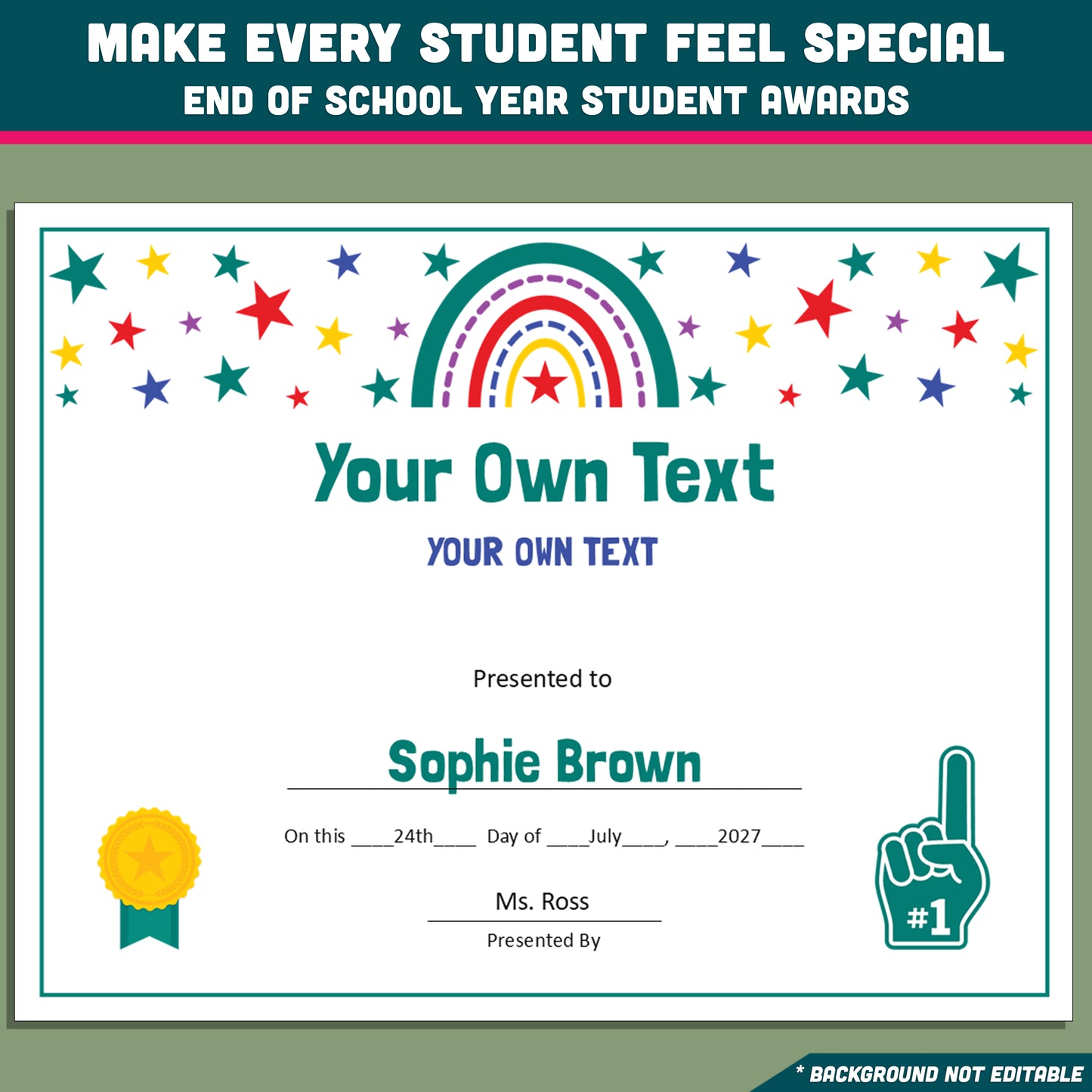 Custom Award Templates, Editable Student Certificates, 26 Printable Classroom Honors, PowerPoint Templates, Rainbow and Star Themed