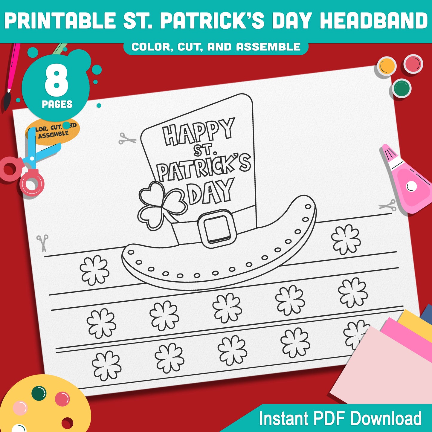 Printable St. Patrick’s Day Headband and Crown Hat Crafts for Kids, Lucky Leprechaun Shamrock Paper Wearable Set, Party Play Activity, Pre-color + Black & White PDF
