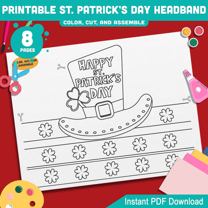 Printable St. Patrick’s Day Headband and Crown Hat Crafts for Kids, Lucky Leprechaun Shamrock Paper Wearable Set, Party Play Activity, Pre-color + Black & White PDF