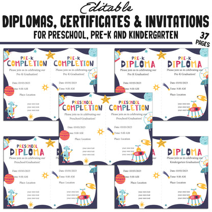 Printable and Editable Kindergarten, Pre-K, and Preschool Completion Certificates, Diplomas & Invitations, PDF Files, Instant Download