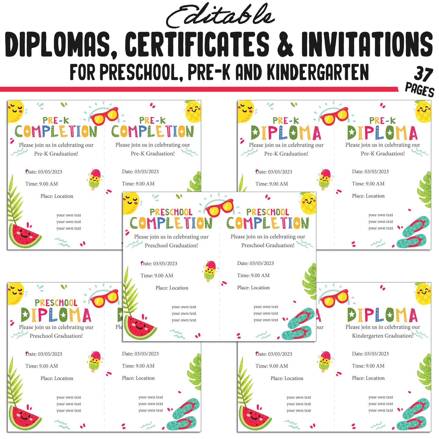 Pre-K Diploma Designs, Kindergarten and Preschool Certificates, and Invitation Templates (PDF Files) - 37 Pages, Instant Download