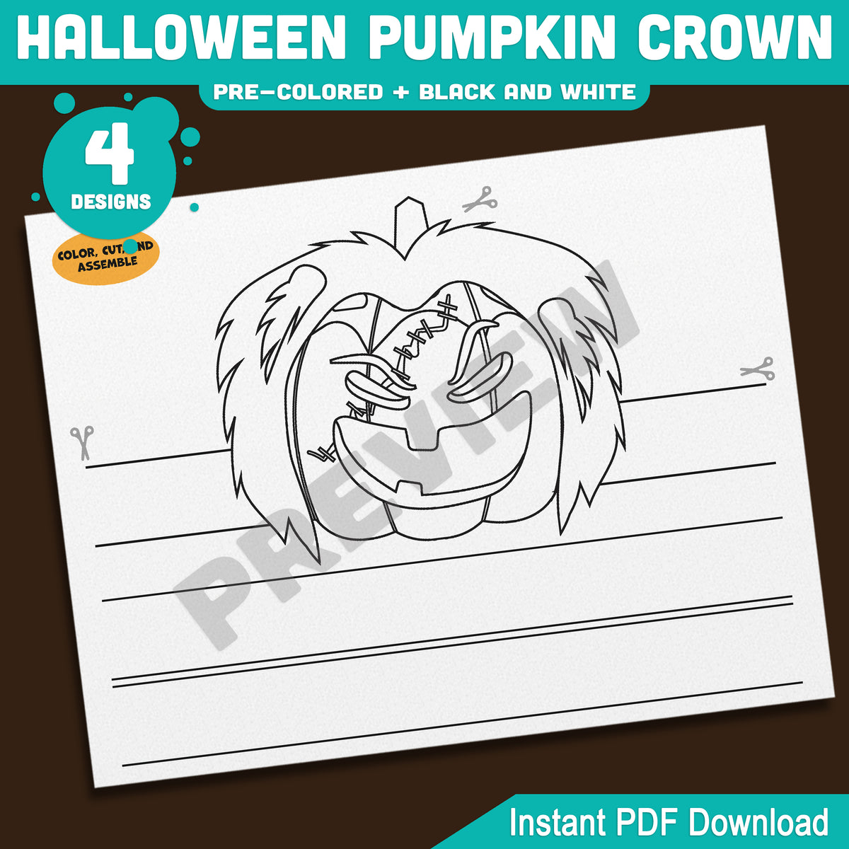 Halloween Pumpkin Crown, Printable Pumpkin Headband, Paper Hat Craft, Pre-Colored and Black & White, 4 Designs, Halloween Activity, A4, US Letter