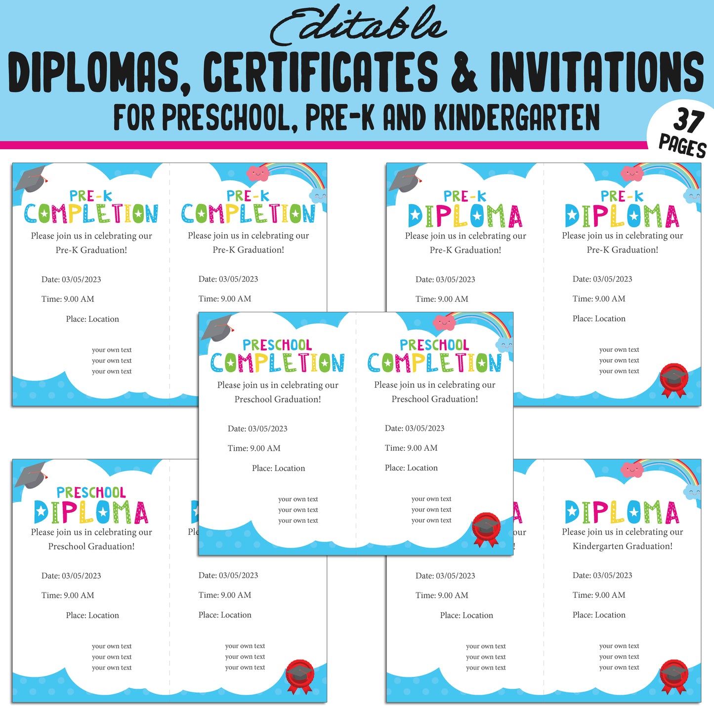 37 Editable Pre-K, Preschool, and Kindergarten Diplomas, Certificates, and Invitations – Instant PDF Download!