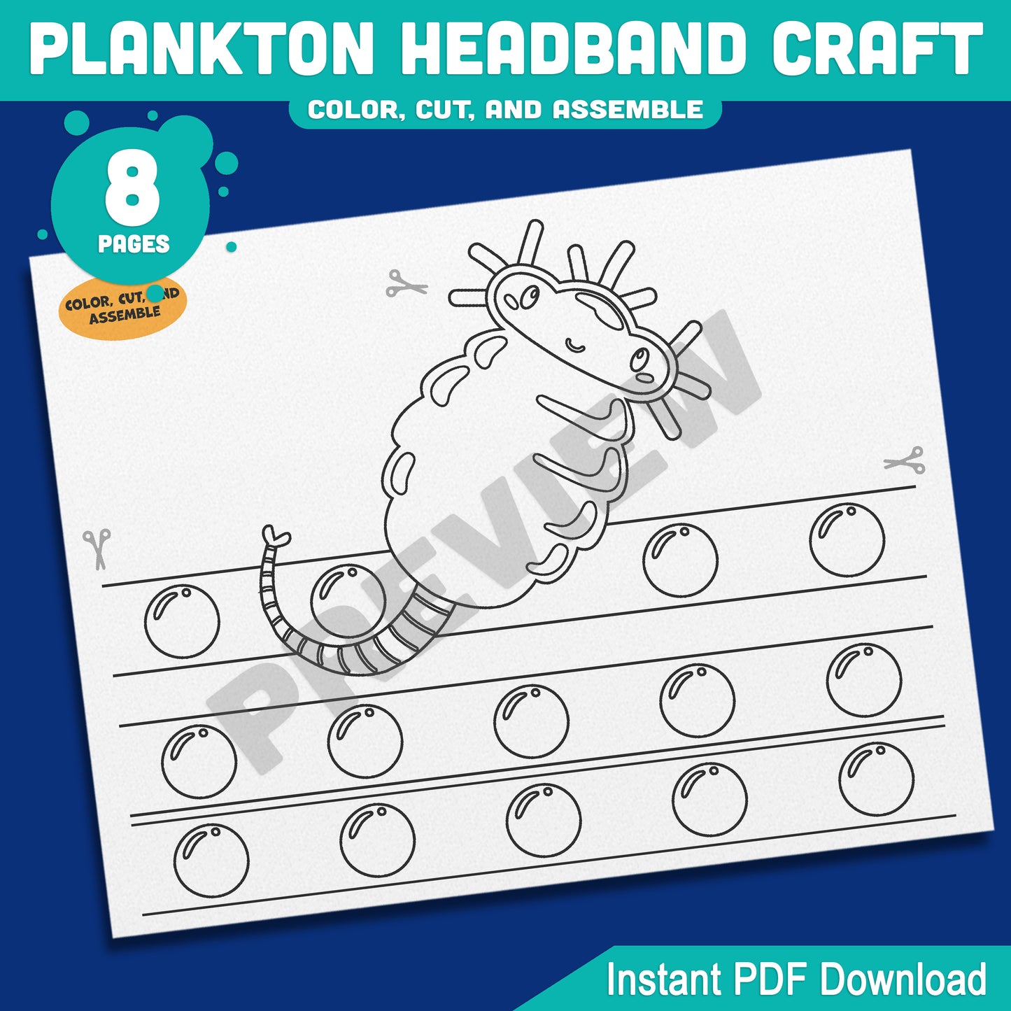 Plankton Headband Craft Under the Sea Paper Hat Activity, Pre-color + Black and White