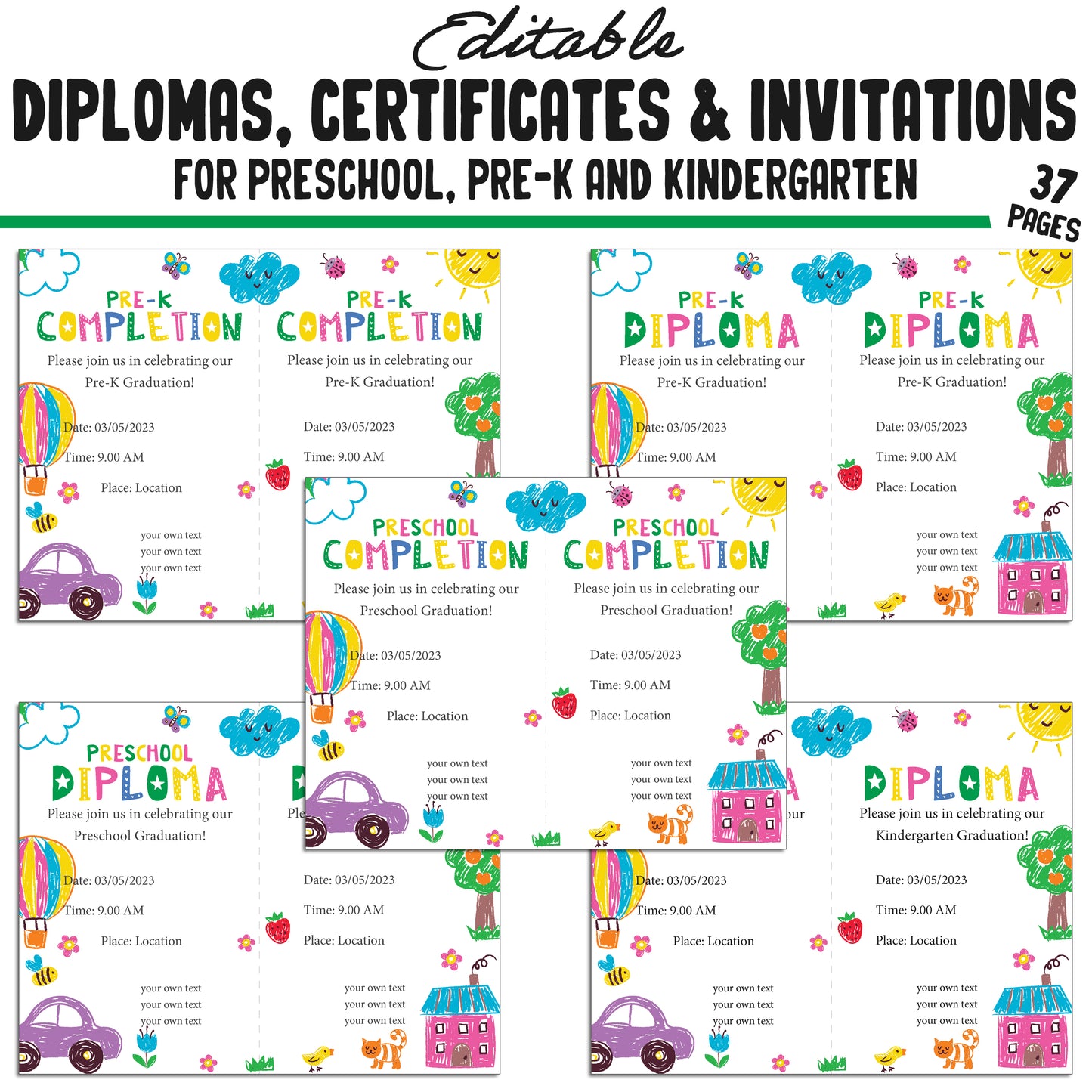 37 Customizable Kids' Drawing Pencil-Themed Pre-K, Kindergarten, and Preschool Diplomas, Certificates, and Invitation Templates (PDF)