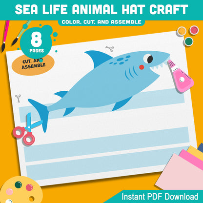 Ocean Animal Hat Templates: 4 Cute Designs Featuring Whale, Crab, Shark, Starfish for Kids’ Creative Crafts at Home or School, Instant PDF