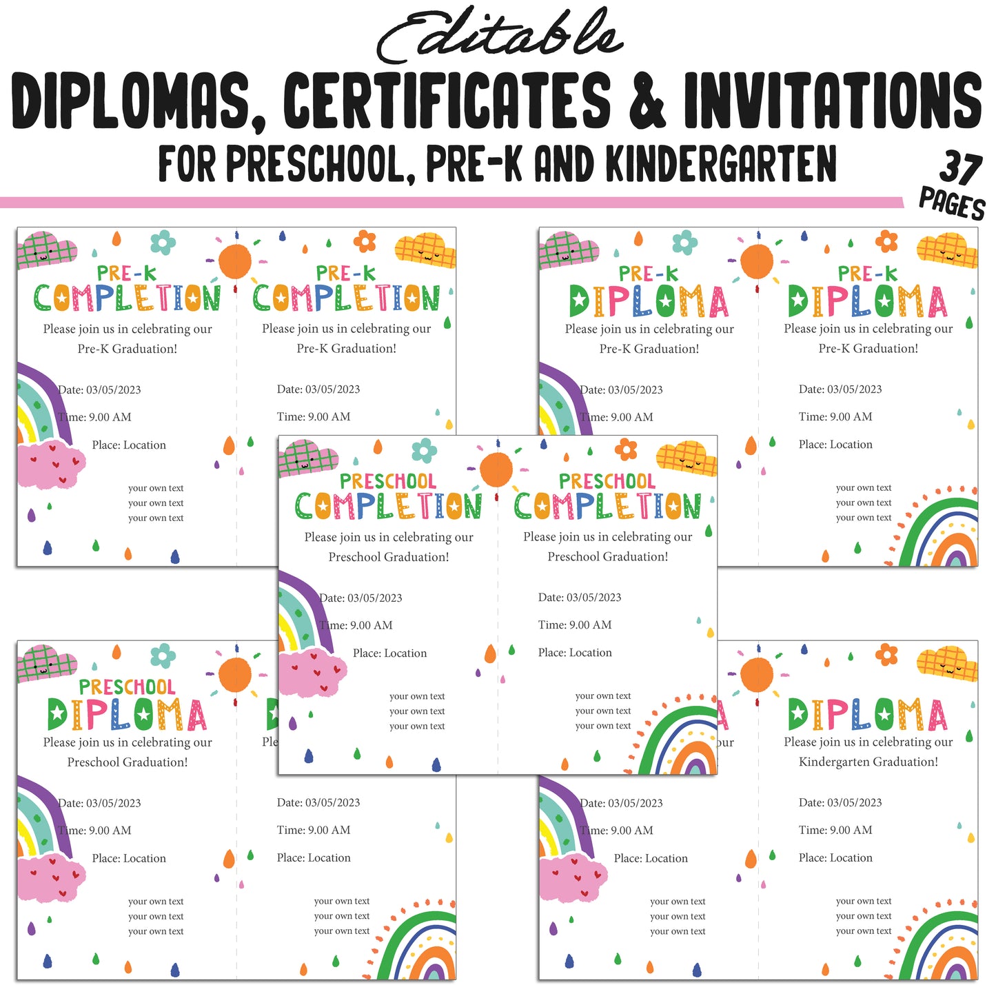 37 Editable Printable Pre-K, Kindergarten, and Preschool Diploma and Invitation Templates (PDF) - Instant Download