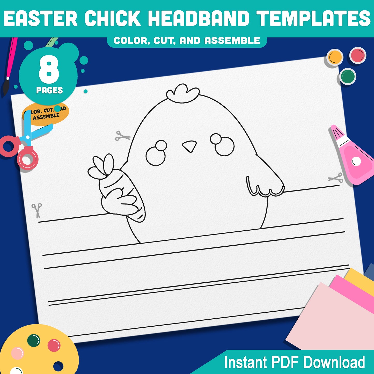 Easter Chick Headband Templates – Spring Paper Crown Printable, Holiday Hat Craft for Kids, Pre-color + Black & White, Cut & Assemble