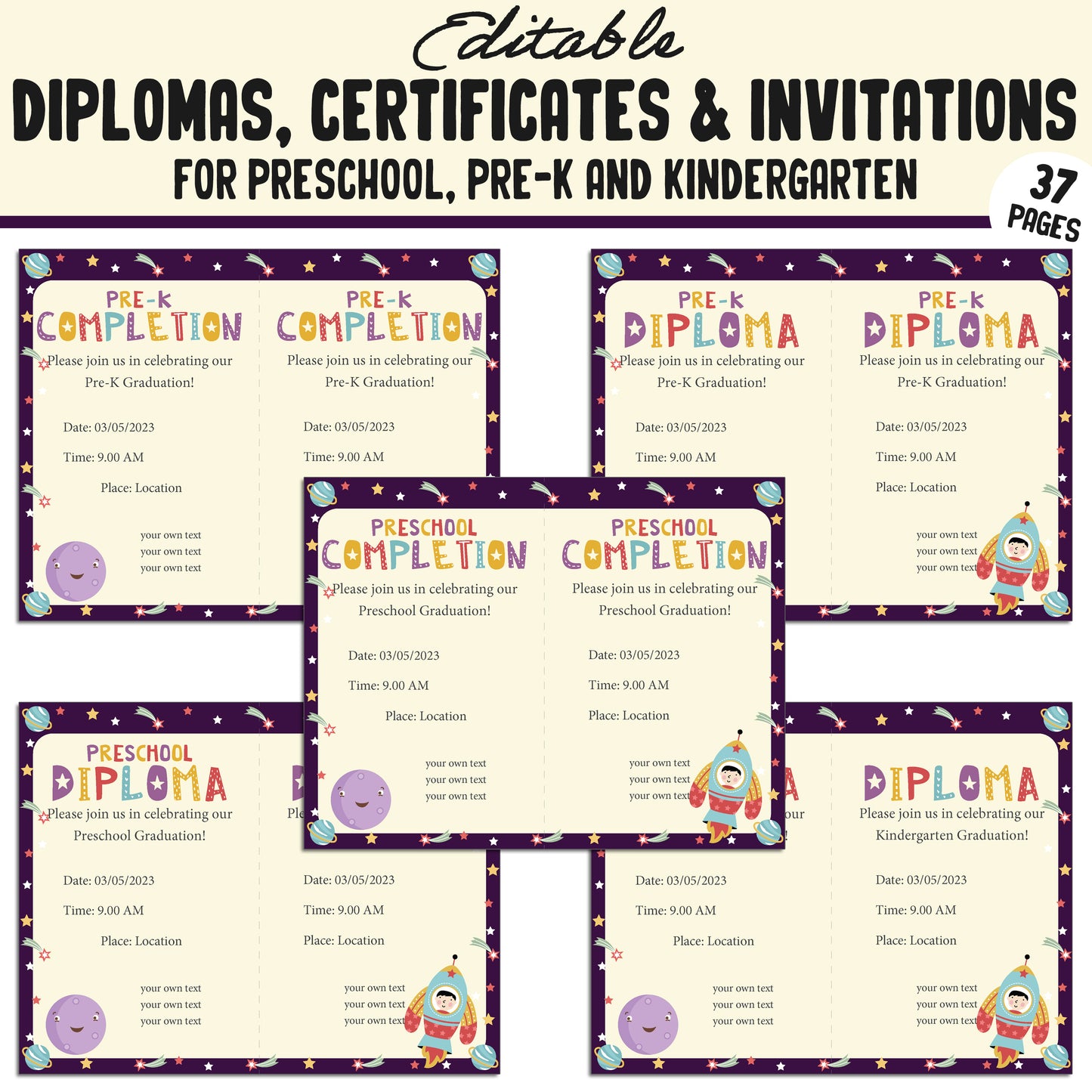 37 Editable Pre K Graduation Diploma, Preschool, Kindergarten Certificates, and Invitations – Instant PDF Download!