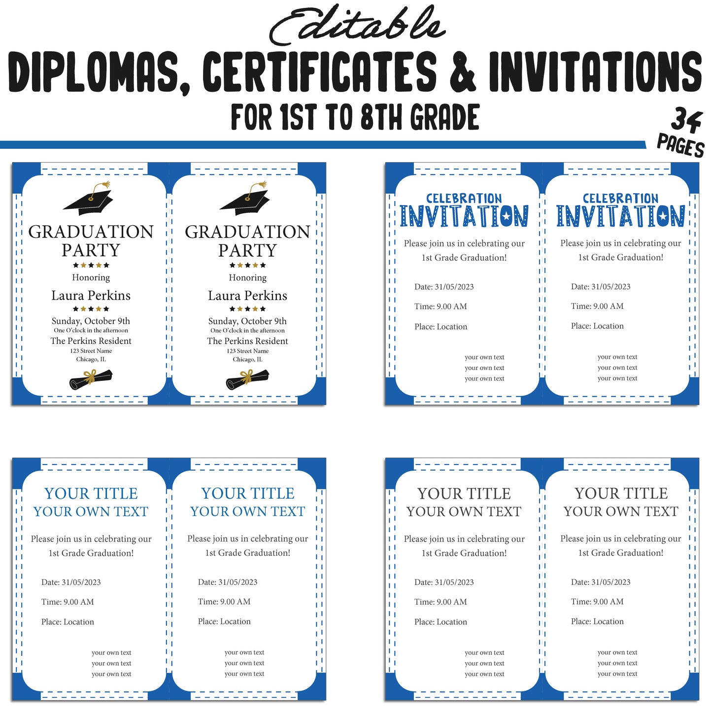 Printable 1st Grade Diplomas, Certificates, and Invitation Templates in a Simple & Modern Blue Theme - PDF Instant Download