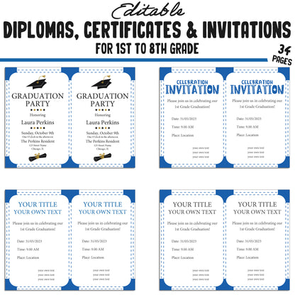 Printable 1st Grade Diplomas, Certificates, and Invitation Templates in a Simple & Modern Blue Theme - PDF Instant Download