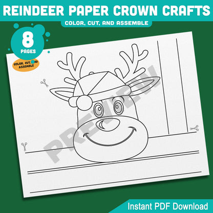 Printable Christmas Reindeer Paper Crown Crafts, Coloring Headband and Party Hat Activity, Winter Play Craft for Kids, 4 Designs, Pre-color + Black & White