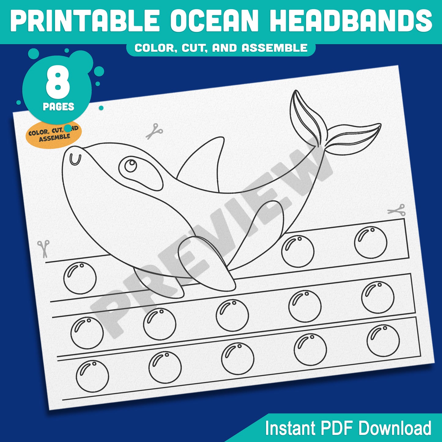 Printable Ocean Headbands Yellow Fin Tuna Orca Killer Whale Narwhal Sailfish Crown Hat Activity, Color Cut and Wear, Pre-color + Black and White