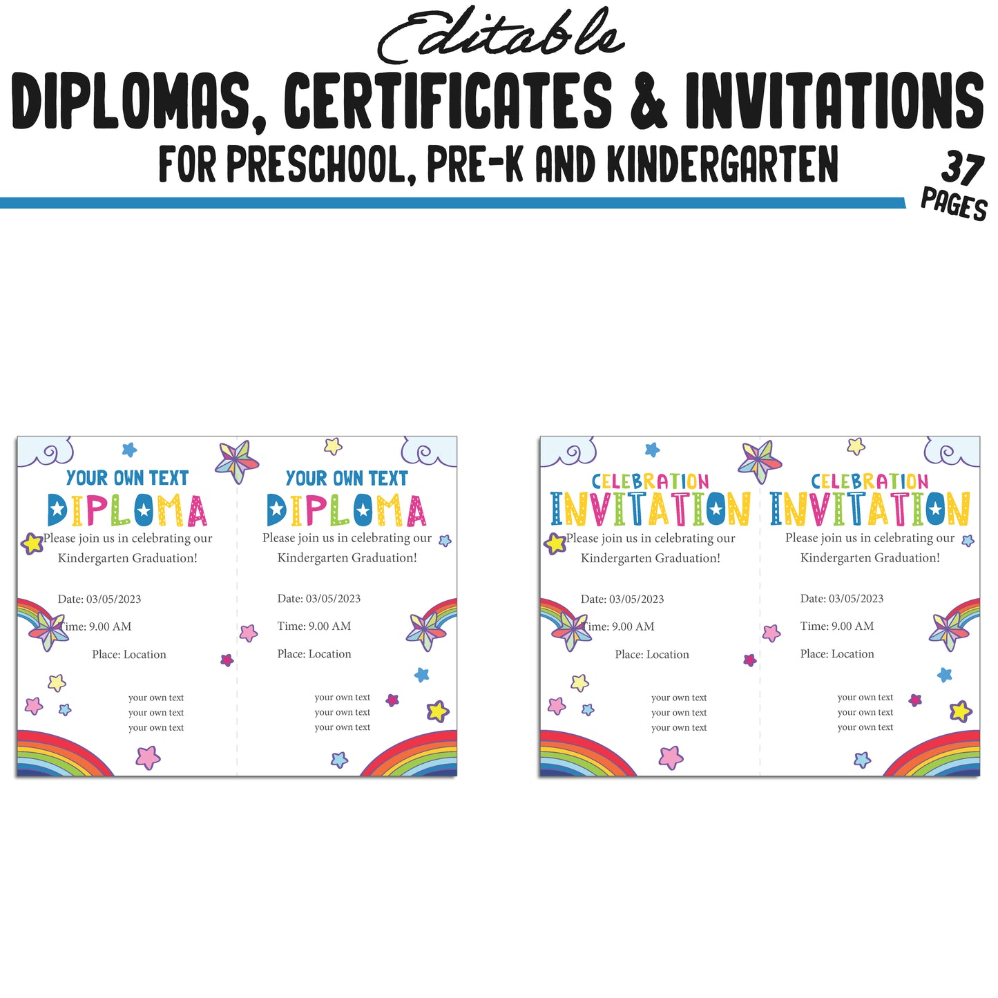 37 Editable Pre-Kindergarten, Kindergarten, and Preschool Diploma, Certificate & Invitation Templates, PDF Files, Instant Download