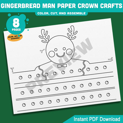 Printable Gingerbread Man Paper Crown Crafts, Christmas Hat and Headband Winter Craft, Holiday Party Paper Hat, Cut, Color & Assemble Activity, 4 Designs, Pre-color + Black & White