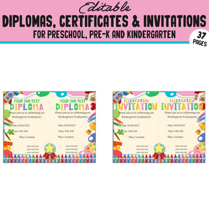 Editable Preschool, Pre-K, and Kindergarten Diplomas, Certificates, and Invitations – 37 Customizable PDF Pages, Instant Download