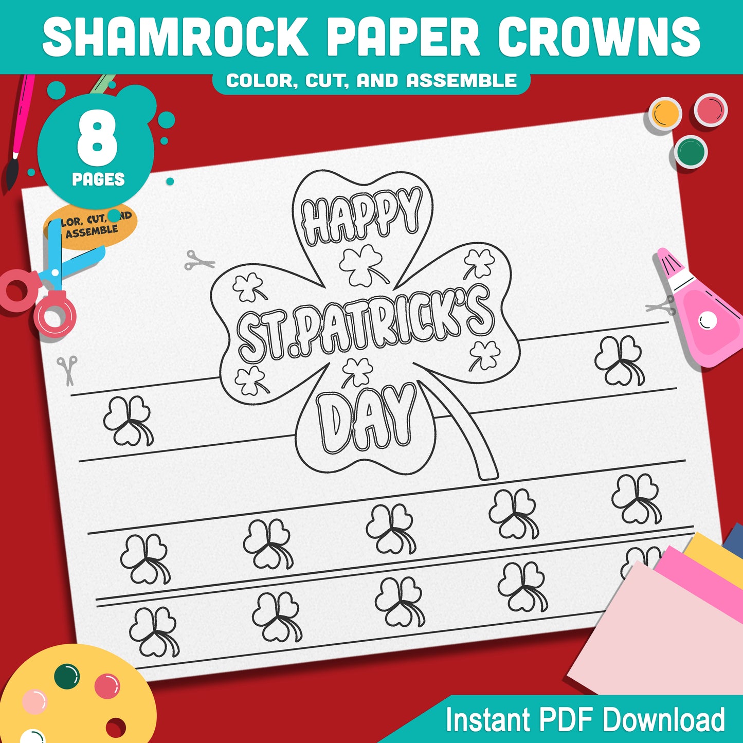 Shamrock Paper Crowns – St. Patrick’s Day Printable Headband Craft for Kids, Lucky Leprechaun Crown, School Party Paper Hat, Pre-color + Black & White