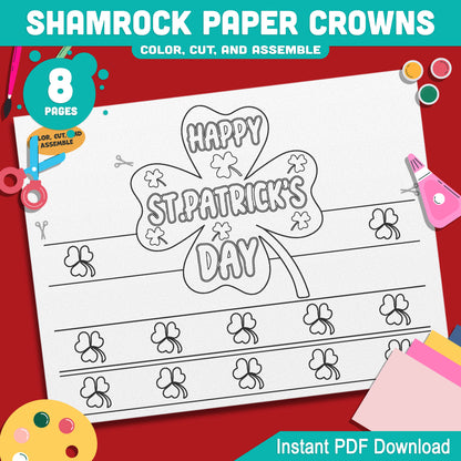 Shamrock Paper Crowns – St. Patrick’s Day Printable Headband Craft for Kids, Lucky Leprechaun Crown, School Party Paper Hat, Pre-color + Black & White