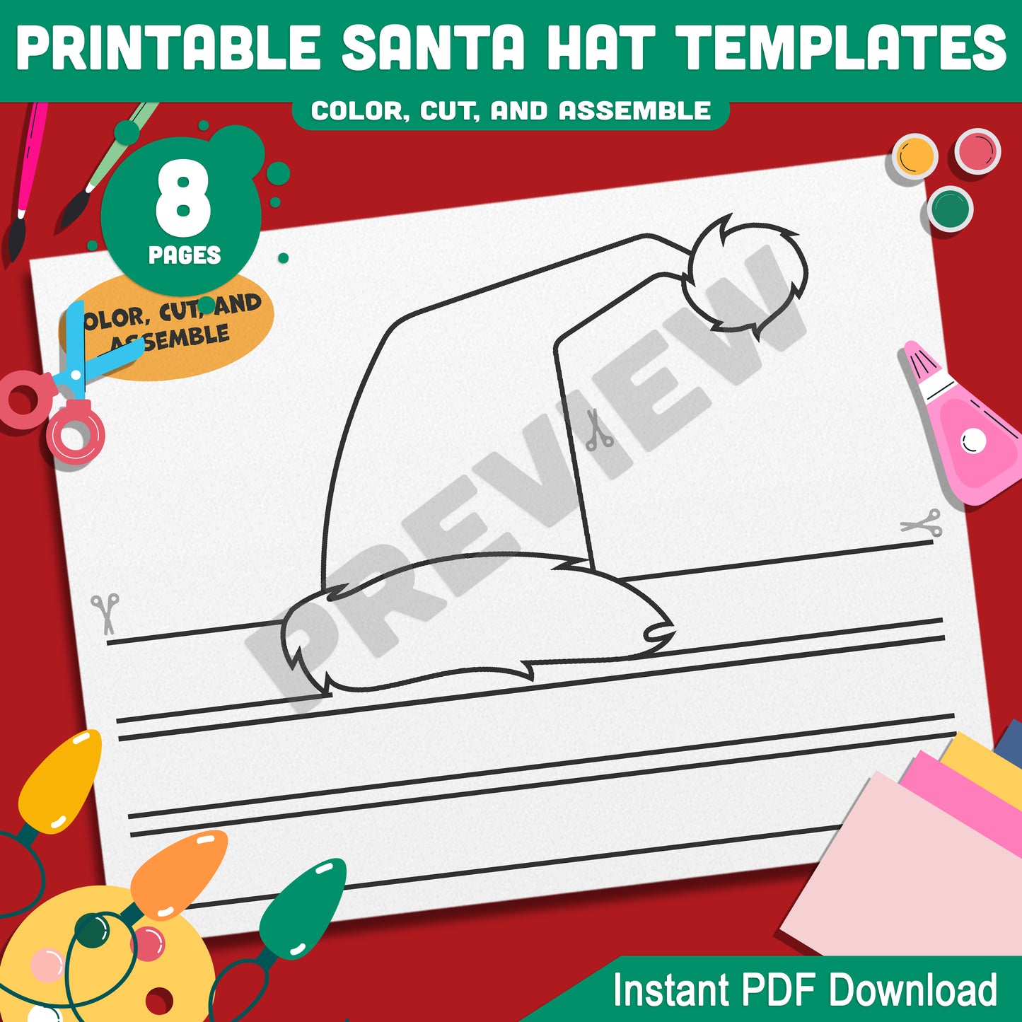 Santa Hat Craft Templates for Christmas: 4 Unique Designs for Kids’ Holiday Fun in Color and Black-and-White, Perfect for Festive Activities, PDF Download.