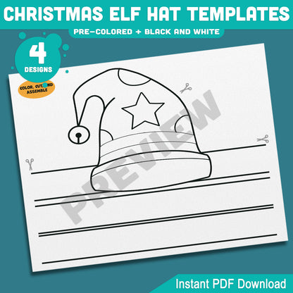 Christmas Elf Hat Templates, Kids Coloring Activity, Cut and Assemble Paper Hats