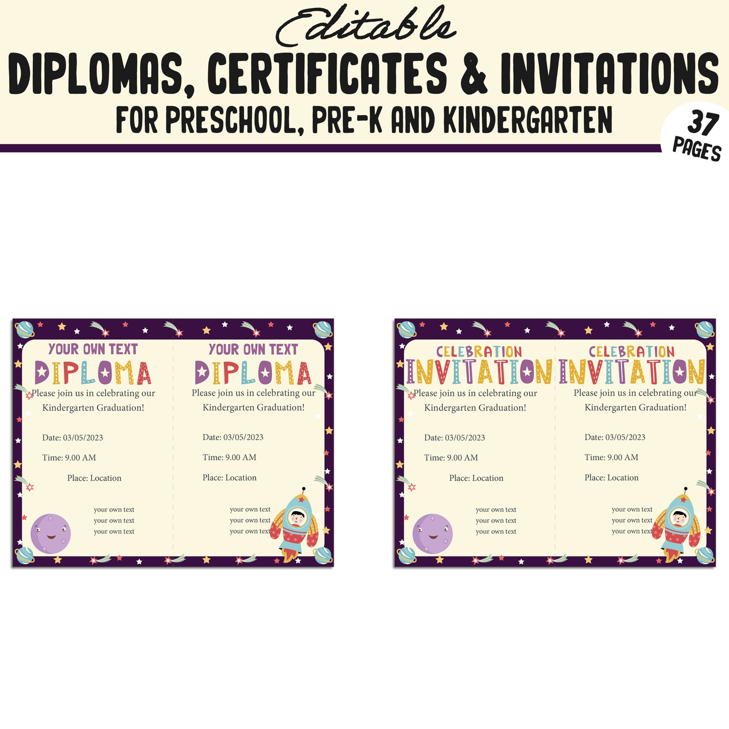 37 Editable Pre K Graduation Diploma, Preschool, Kindergarten Certificates, and Invitations – Instant PDF Download!