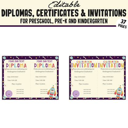 37 Editable Pre K Graduation Diploma, Preschool, Kindergarten Certificates, and Invitations – Instant PDF Download!