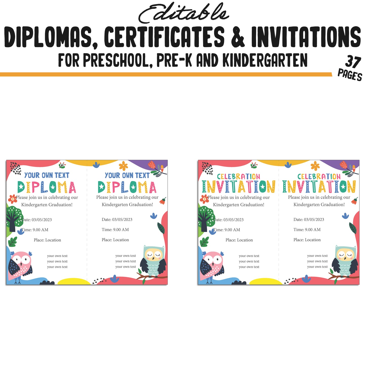 37 Editable Kindergarten, Pre-K, and Preschool Certificates of Completion, Graduation Invitations, Diplomas, and Certificate Templates